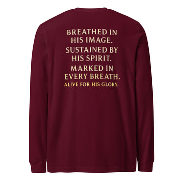 My Breath Bears His Name Long Sleeve T-Shirt Maroon flat lay back mockup with word stack design